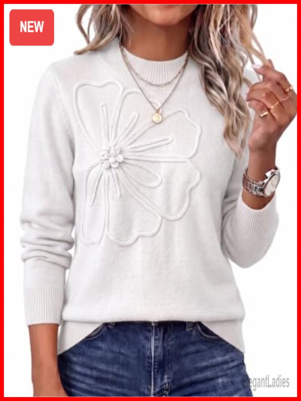 Womens Crew Neck Pullover Sweater Floral Knit Long Sleeve Relaxed Fit